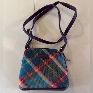 Ness Scottish Wool Tartan Plaid Crossbody Bag with Purple Leather Trim